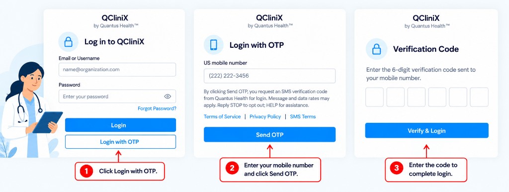 QCliniX SMS OTP opt-in flow: Login with OTP, enter mobile number and Send OTP, then enter verification code